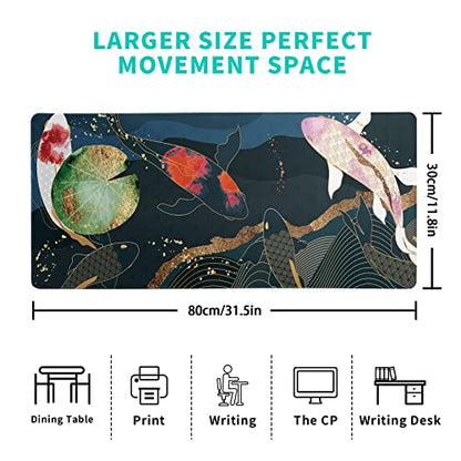 Japanese Gaming Mouse Pad XL - Extended Large Mouse Mat Desk Pad, Stitched Edges Mousepad, 3mm Thick Long Non-Slip Rubber Base Mice Pad, 31.5 X 11.8 Inch - Koi Fish Art - color: Koi Fish
