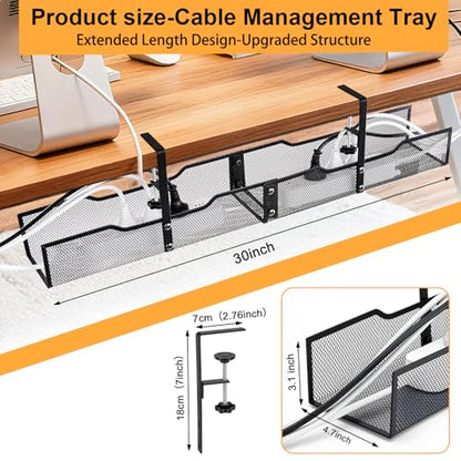 No Drill Under Desk Cable Management Tray, Extended-Length Metal Mesh Wire Organizer with Heavy Duty Clamp Mount for Home Office Standing Desk - Damage Free Cord Organization Solution