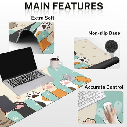Britimes Kawaii Cat Paws Keyboard Mouse Pad Set Cute Cartoon 4in1 Large Mousepad+Keyboard Wrist Rest+Mouse Wrist Rest+Coaster Ergonomic Design for Home Office Computer 35.4x15.7 inches - color: Cat Paws