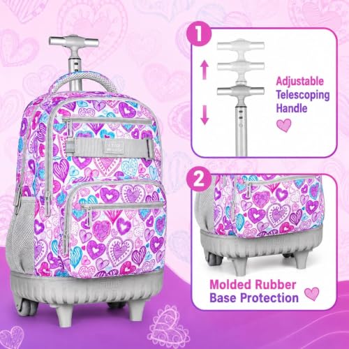 3Pcs Rolling Backpack for Girls Women, Travel Roller Backpacks with Wheels for Adults, Teens College Love Wheeled Bookbag with Lunch Box(Ash Powder) - color: Love Grey