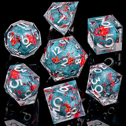 ARUOHHA DND Resin Dice Plum Blossom Liquid Core Dice Silver Blue Sharp Edged Dragons Polyhedral Dice Set with Gift Box, Role Playing Game Dungeons D and D Dice Set D20 D12 D10 D6 D4 - color: Flower&silver Blue
