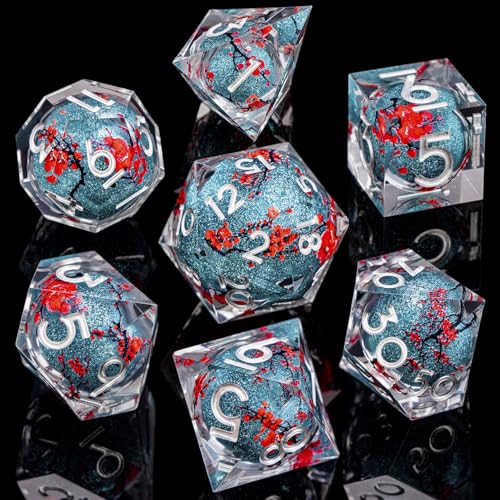 ARUOHHA DND Resin Dice Plum Blossom Liquid Core Dice Silver Blue Sharp Edged Dragons Polyhedral Dice Set with Gift Box, Role Playing Game Dungeons D and D Dice Set D20 D12 D10 D6 D4 - color: Flower&silver Blue