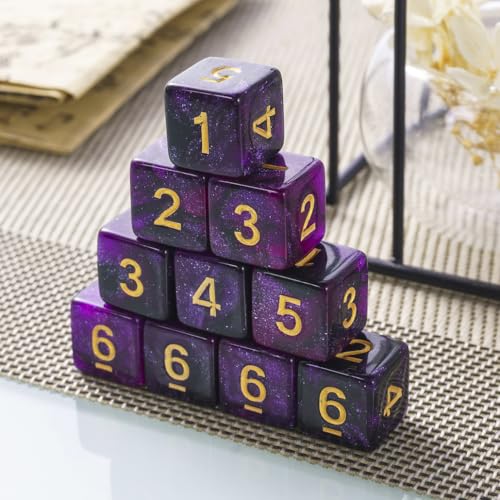 10 Pieces Polyhedral Dice Set D6 Dice 16mm Acrylic 6 Sided Dice Game Dice for Dungeons and Dragons RPG MTG DND Dice Table Games (Starry Purple Black) - color: Starry Purple Black