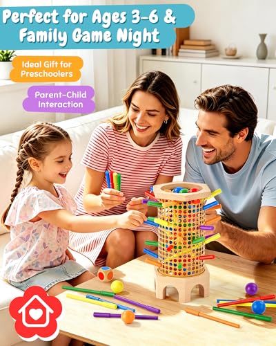 Easy-Setup Wooden Stick Montessori Tower Game for Kids 3-8 | Flexible 544-Hole Layout, Shaped No-Slip Slots, 42 Color Rods, 12 Balls, Storage Bag Included, Family Night, Ideal Gift