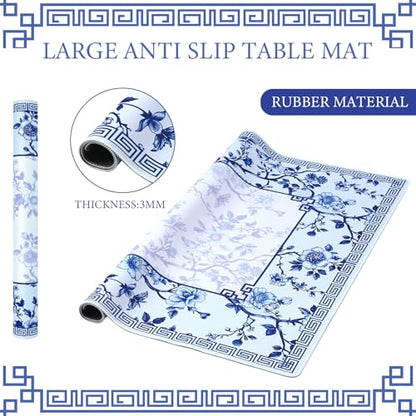 Chinoiserie Mahjong Mat with 1 Carrying Bag 31.5" x 31.5" Blue and White Rubber Anti Slip and Noise Reduction Multi Purpose Game Table Cover for Card, Board Tile Games - color: Blue