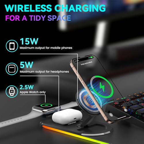 3 in 1 RGB Gaming Mouse Pad, Wireless Charging Mouse Mat Fast Charging for Phones Earbuds & Apple Watch, 15 Dynamic Lighting Modes, 31.5''x11.8'' Large Keyboard Pad with Magnetic Phone Holder
