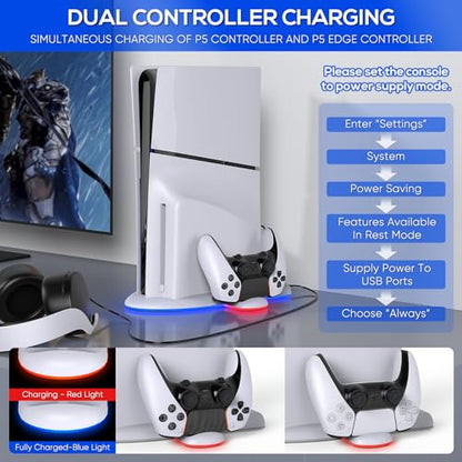 FASTSNAIL Charging Stand with Cooling Fan Only for PS5 Slim Console | Fast Controller Charger Station for DualSense/Edge, 9 RGB Light, Quiet Cooling System Accessories for PS5 Slim Digital/Disc