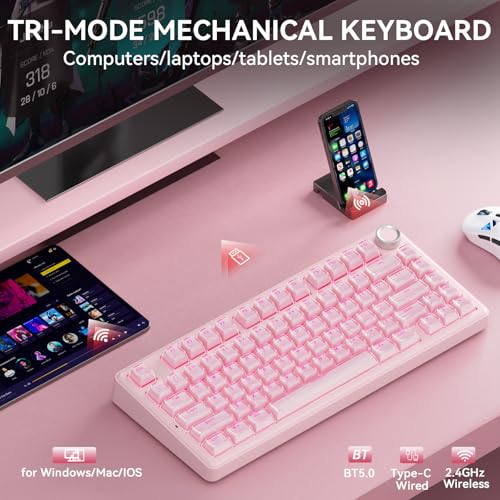 SOLAKAKA A75 Wireless Gaming Keyboard with Multifunction Knob, BT5.0/2.4GHz/USB-C, 75% Mechanical Keyboard, Hot-Swappable, Gasket Creamy Keyboard with RGB Backlit, Crystal Keycaps, for PC/Mac/PC - color: Crystal-Pink