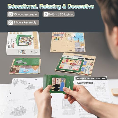 Travels to Venice 3D Wooden Puzzle with LED Lights, DIY Craft Model Kit for Adults & Kids, Creative Building Set and Unique Home Decor Gift for Travel Lovers - style: Travels to Venice
