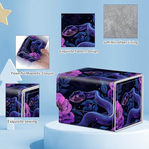 for MTG Commander Deck Box,Card Deck Box for Trading Yugioh MTG,Fits 100 Double Sleeved Cards,PU Leather Strong Magnet Case for Magic Commander TCG CCG,Purple Snake Flower - color: Purple Snake Flower