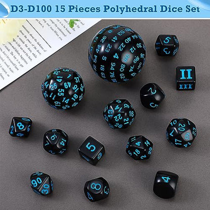 Civaner 15 Pcs Complete Polyhedral Dice Set D3-D100 Spherical RPG Dice Set in Opaque Black, 100 Sides for Role Playing Table Games Party Supplies(Black and Blue) - color: Black and Blue