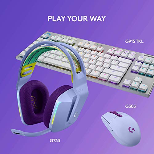 Logitech G733 Lightspeed Wireless Gaming Headset - Lilac | Suspension headband, LIGHTSYNC RGB, Blue VO!CE mic technology, PRO-G audio drivers - color: Lilac