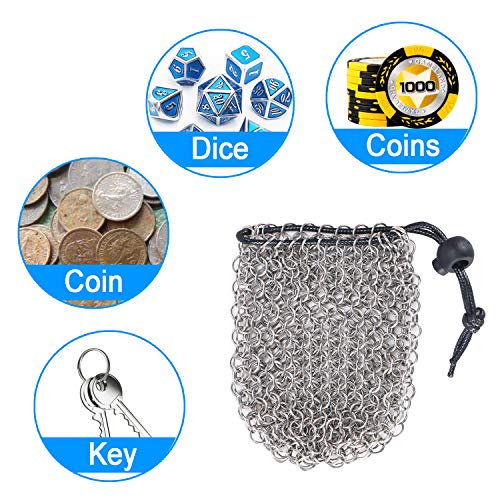 YOUSHARES Drawstring Game Dice Bag - Stainless Steel Chainmail DND Dice Pouch for Metal Polyhedral D&D Dice Set, Coin - color: Silver