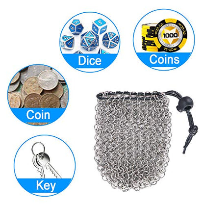 YOUSHARES Drawstring Game Dice Bag - Stainless Steel Chainmail DND Dice Pouch for Metal Polyhedral D&D Dice Set, Coin - color: Silver
