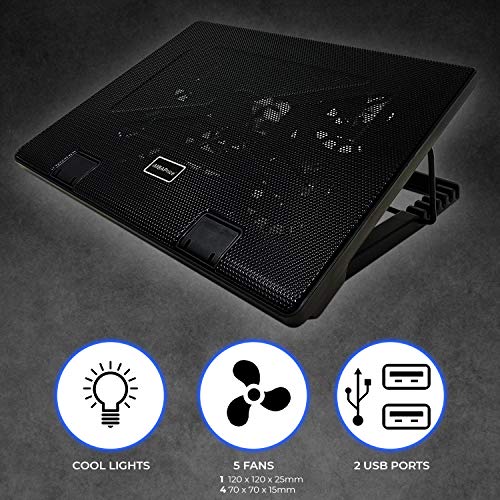 iMBAPrice Black Laptop Cooling Pad, Laptop Cooler with 5 Blue Quiet Fans for 12"-17" Notebook Computer PC Gaming Laptop Fan, Height Adjustable Laptop Cooling Stand Laptop Accessories, 1-Pack