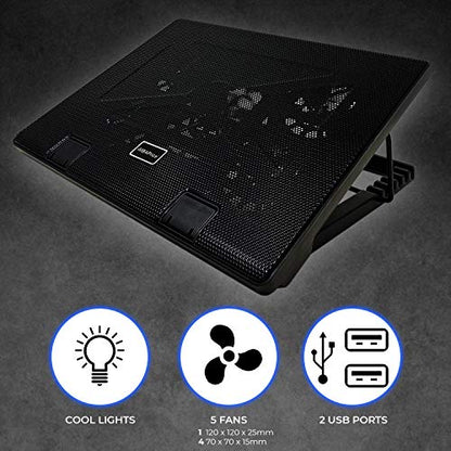 iMBAPrice Black Laptop Cooling Pad, Laptop Cooler with 5 Blue Quiet Fans for 12"-17" Notebook Computer PC Gaming Laptop Fan, Height Adjustable Laptop Cooling Stand Laptop Accessories, 1-Pack
