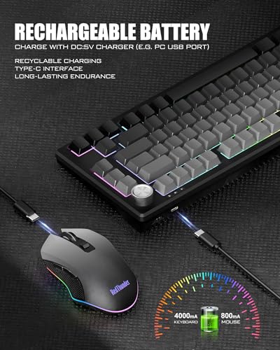 RedThunder K75 Wireless Membrane Keyboard & Mouse Combo,75% Side-Engraved Keycaps,Optical Gaming Mouse with 4800DPI,3 Modes(BT/2.4G/Wired),Dual System,RGB Backlit,Rechargeable Battery,Gradient Gray - color: Gray Gradient
