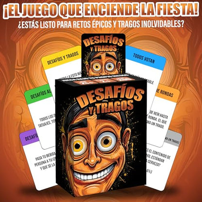 Desafíos y Tragos – Juego de cartas para adultos | Juegos de mesa en español con Alcohol | Drinking Game para Fiestas, Bachelorette, parejas, cumpleaños | Tragos y retos Latinos Divertidos