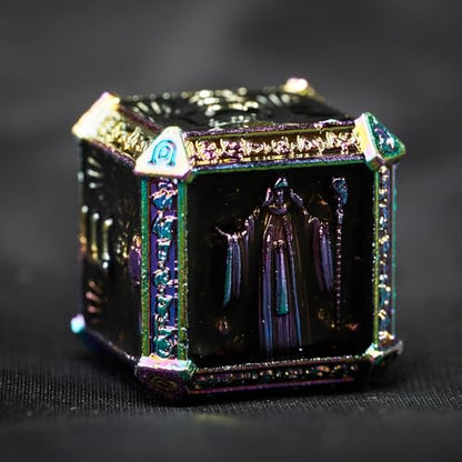Metal DND Dice Set for D&D Dungeons and Dragons RPG Game Skull Wizard Theme Polyhedral Dice with Metal Gift Box for Dice Goblin Collectable Unique Skeleton Halloween Accessories (Iridescent) - color: Iridescent