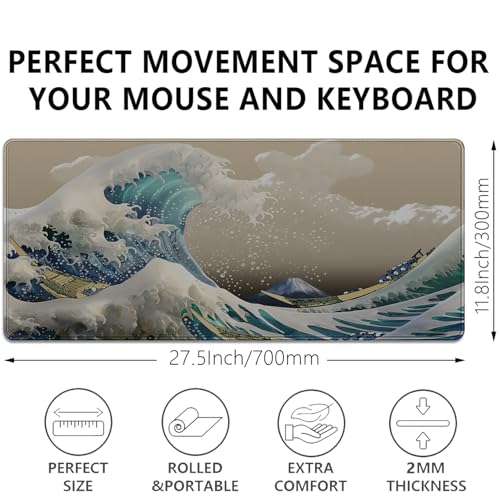 Japanese Wave Large Gaming Mouse Pad Desk Pad, 27.5x11.8in The Great Wave Off Kanagawa Extended Desk Mat with Stitched Edges, Non-Slip Waterproof Rubber Base for Office, Computer & Laptop - color: Waves