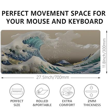 Japanese Wave Large Gaming Mouse Pad Desk Pad, 27.5x11.8in The Great Wave Off Kanagawa Extended Desk Mat with Stitched Edges, Non-Slip Waterproof Rubber Base for Office, Computer & Laptop - color: Waves