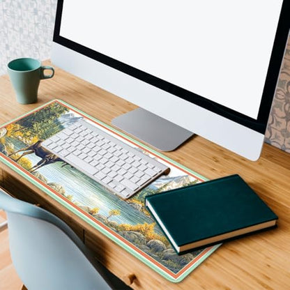 Moose Landscape Mouse Pad, Mountain Lake Gaming Desk Mat Waterproof Stitched Edges Rubber Base Non-Slip Deskmap Computer Keyboard Mat, 31.5x11.8in Desk Home Office Gaming - color: Moose Landscape, size: 31.5x11.8in