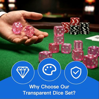 12 Piece 19 mm Casino Style Dice Set, Acrylic Translucent D6 Dice with Square Rounded Edge, Pink for Craps, Table Games, Board Games, RPG, MTG, DND(Pink) - color: Pink