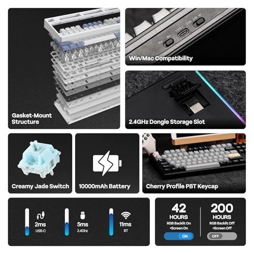 EPOMAKER TH108 PRO Full Size Mechanical Keyboard with Screen & Knob, Wireless Gaming Keyboard with 10000mAh, Creamy Gasket, Hot Swap, Custom Driver, RGB Backlight (Black, Creamy Jade) - color: Black, size: Creamy Jade