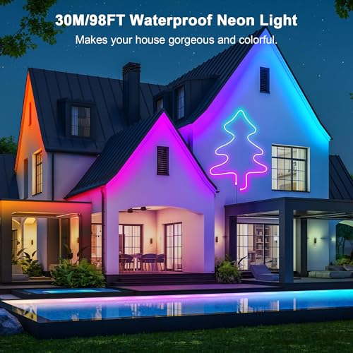 Cozylady RGB Neon Light LED Rope Light,Waterproof Bluetooth APP Remote Control Music Sync Strip Light,24V Flexible DIY Silicone Light for Bedroom Home Indoor Outdoor Decoration(30m/100ft) - size: 100 ft