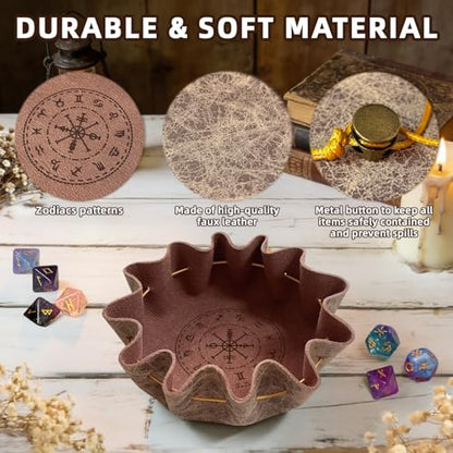 Leather Dice Tray with Zodiac Printed, 2-in-1 Collapsible Dice Rolling Tray & Drawstring Pouch, Portable Dice Bag for Tabletop Games, Rune Crystal Holder & Jewelry Storage - color: Pcd06y