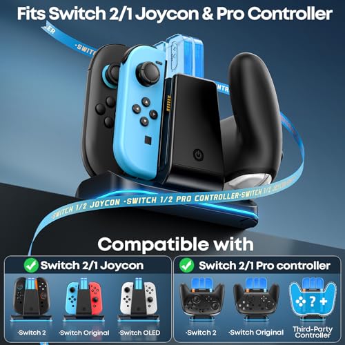 Switch 2/1 Compatible Controller Charging Dock, 6-in-1 Charger Station for 4 Joy-Cons & 2 Pro Controllers, 9 RGB Modes Fast Charging Stand for Switch 2 Accessories, with LED Indicator - size: L-Black-Switch 2/1 & Pro