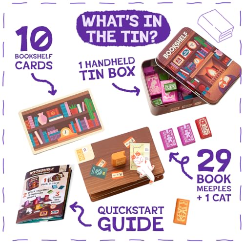 Alley Cat Games Bookshelf, Ages 8+, 2-4 Players | Cooperative Stacking Game, Skill & Balance Card and Book Tower Game in Travel Tin, Cooperative Tabletop Challenge