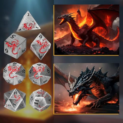 Metal Dice Set, Flat Face Design Dragon Pattern, 7pcs Polyhedral Metal DND Dice Set, DND Starter Set, D&D Gifts with Gift Box, Role Playing Board Games Accessories, Silver - color: Silver