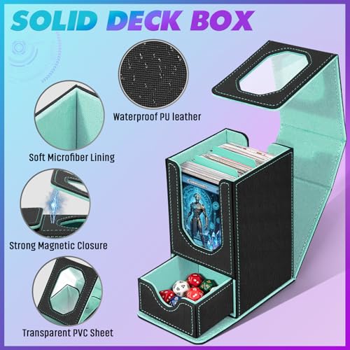Card Deck Box for MTG Commander, Fits 100+ Double-Sleeved Cards Card Case | with Detachable Dice Tray, 2 Dividers, Removable lid, Trading Card Storage Box, Sturdy and Durable, Fits TCG/PTCG/Sports Card - color: Black and Cyan