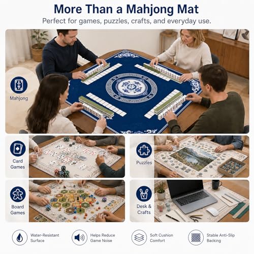 Blue Floral Mahjong Mat,Non Slip American Mah Jongg Table Mat | 32in soft neoprene mah jongg mat reduces tile noise protects tabletops & packs easily for game nights or a thoughtful gift - color: 014