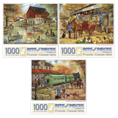 Bits and Pieces 3 Jigsaw Puzzle Set - 1000 Piece Puzzles for Adults - Vintage Americana Set - 20" x 27" Jigsaw Puzzles - Country Rustic - Random Die Cut Pieces No 2 are Alike - size: 1000 Piece Puzzle