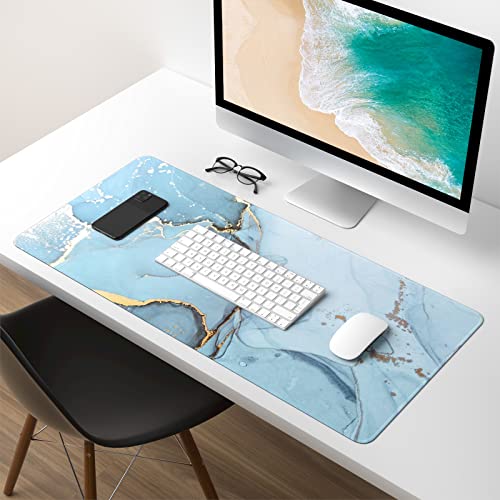 Extended Gaming Mouse Pad, XXL Large Desk Pad 30 x 14 Inch, Big Computer Keyboard Mousepad, Waterproof Mouse Mat with Stitched Edges and Non-Slip Base for Women Office Gaming, Blue Marble - color: Blue Marble