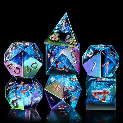 AUSTOR 7-Die DND Dice Set Handmade Sharp Edge Polyhedral Dice for Dungeons and Dragons D&D RPG MTG Table Games（Electroplating Black&Blue,Gold） - color: Electroplating Black&blue,gold