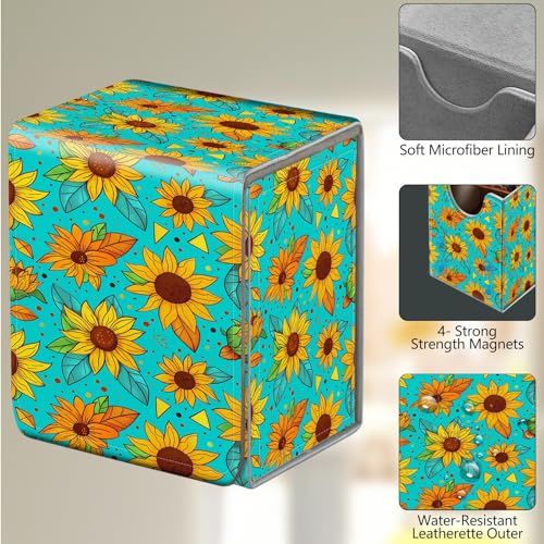 Card Deck Box, Card Storage Box Fits 100+ Single Sleeved Cards, Large Capacity PU Leather Card Storage Box with Strong Magnet for Magic Commander TCG CCG, Cartoon Sunflowers - color: Cartoon Sunflowers