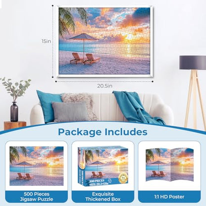 Puzzles for Adults 500 Pieces,Hawaiian Sunset Beach Puzzle for Adults,500 Pieces Tropical Ocean Sunrise Puzzles,Beach Chair Jigsaw Puzzle,Perfect for Game Night Giving Puzzle,20.5x15 in - style: beach