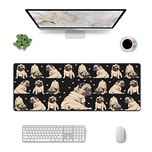 Pug Mouse Pad XL Extended Desk Mat, Computer Mousepad | Cute Black Cool Fuuny Dog Love Non Slip Rubber, Base Stitched Edge, Gaming Pc Large Mice Pad 31.5 x 11.8 Inch - color: Black22