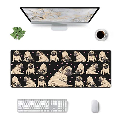 Pug Mouse Pad XL Extended Desk Mat, Computer Mousepad | Cute Black Cool Fuuny Dog Love Non Slip Rubber, Base Stitched Edge, Gaming Pc Large Mice Pad 31.5 x 11.8 Inch - color: Black22