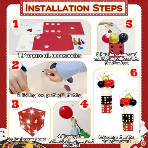 AerWo 81 Pcs Large Dice Boxes Casino Theme Party Decorations with Balloons & Jumbo Poker Cards, 11 inch Giant Dice Box with String Lights for Las Vegas Game Night Party Backdrop Red Black Golden