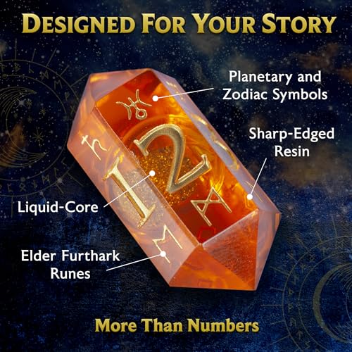 Dice of Stars & Stone – Premium D6 Dice Set | 4-Pack with Dice Bag | Six-Sided, Resin, Liquid-Core | Rune and Astrology Symbols | Witchy Gift | for D&D, Tabletop RPGs, Castings, Board Game Upgrades