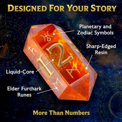 Dice of Stars & Stone – Premium D6 Dice Set | 4-Pack with Dice Bag | Six-Sided, Resin, Liquid-Core | Rune and Astrology Symbols | Witchy Gift | for D&D, Tabletop RPGs, Castings, Board Game Upgrades