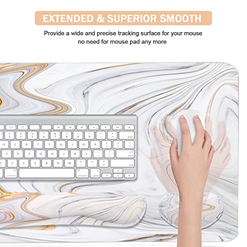 4-in-1 Large Gaming Mouse Pad, Keyboard Wrist Rest Pad & Wrist Support Mousepad Set, Extended Desk Pad Waterproof Desk Mat for Home Office Study Game - White Marble - color: White Marble