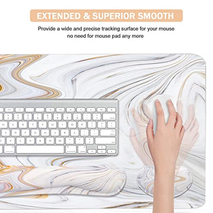 4-in-1 Large Gaming Mouse Pad, Keyboard Wrist Rest Pad & Wrist Support Mousepad Set, Extended Desk Pad Waterproof Desk Mat for Home Office Study Game - White Marble - color: White Marble