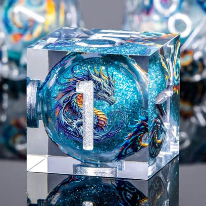 Roycevon Dragon Pattern Liquid Core DND Dice Set, 7Pcs Sharp Edge D&D Dice with Gift Box, Blue Resin Dungeons Dragons D and D Role Playing Dice D20 D12 D10 D8 D6 D4 - color: Blue