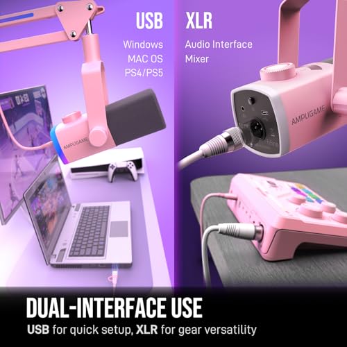 FIFINE AM8PROTP XLR/USB Gaming Microphone Kit, Dynamic RGB Streaming Mic | Podcast Mic Set with Boom Arm Stand, Compatible with PC/PS4/PS5/Mixer, with Headphone Jack, Volume Knob, Mute, Pink - color: Pink