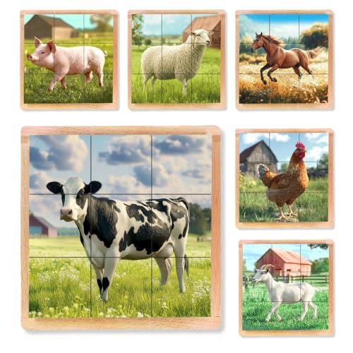 6-in-1 Wooden Animal Puzzle – Montessori Cube Toy for Kids – Realistic Farm Animals Educational Wood Blocks for Toddlers Ages 3–6 - style: Farm Animals